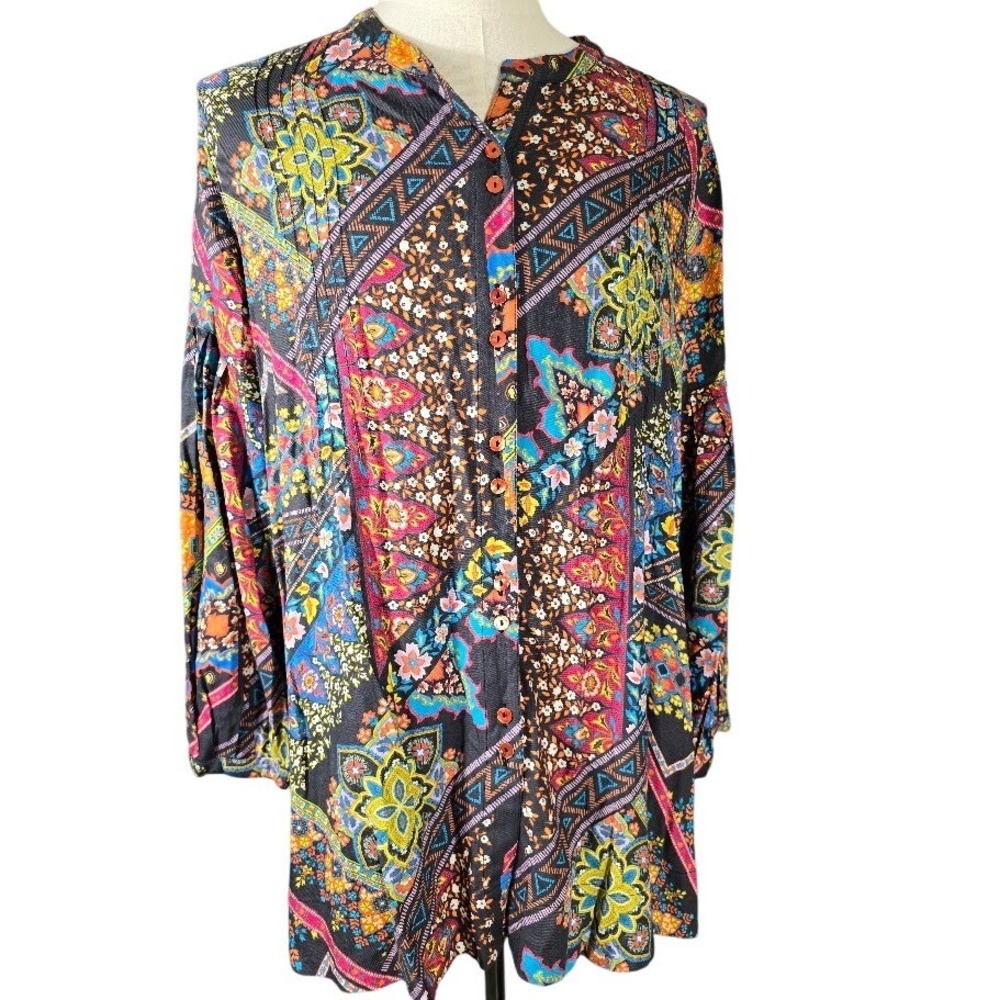 Sahara Patchwork Boho Long Sleeve Button Front Tunic Shirt‎ Women 4 NWOT